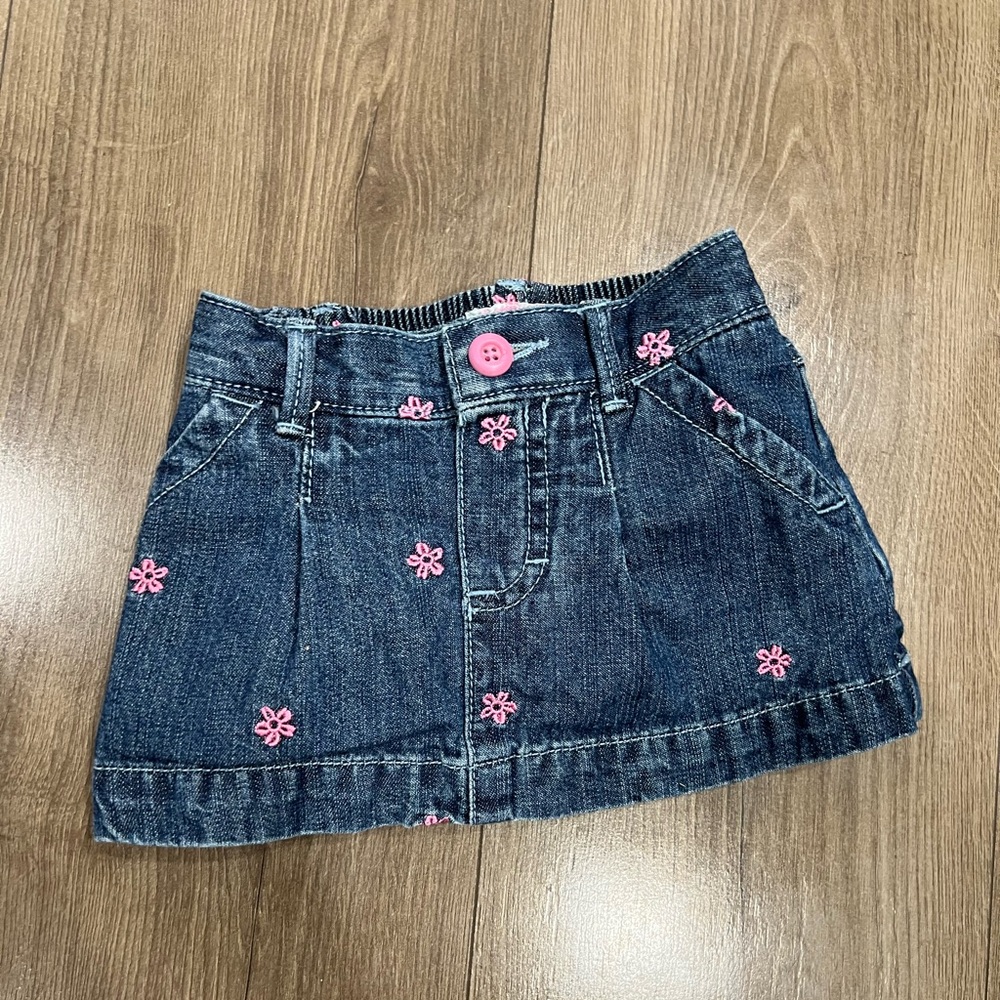 OshKosh B'gosh  Y2K Baby Girl Blue Denim skirt pink flower embroidery bloomers